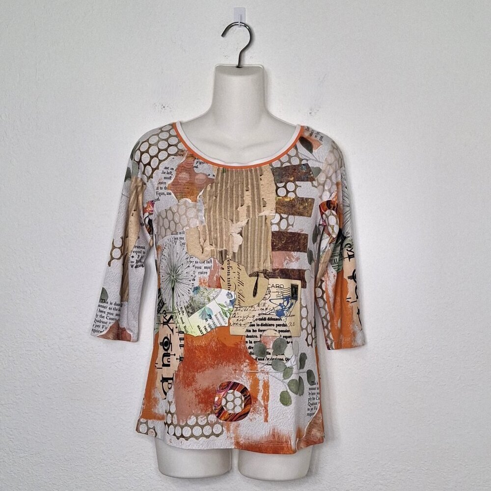 Simply Art by Dolcezza Graphic Top Sz XS 3/4 Sleeve Boho Art-to-Wear Multicolor